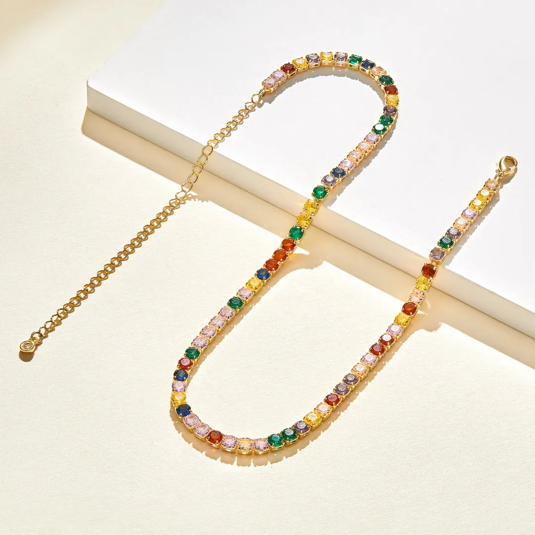 14K Gold Diamond Tennis Necklace CZ Baguette Tennis Chain- Round Rainbow CZ