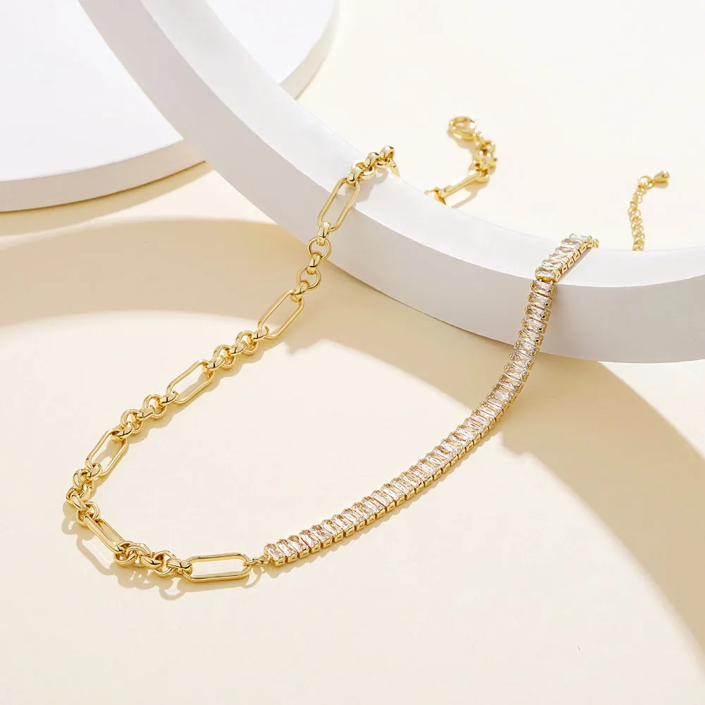 14K Gold Plated Diamond Tennis Necklace CZ Tennis Chain-Paperclip & Baguette White CZ