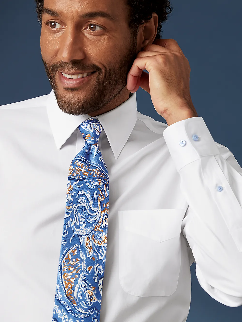 Comfort Stretch Non-Iron Solid Dress Shirt With Contrast Trim - White/blue