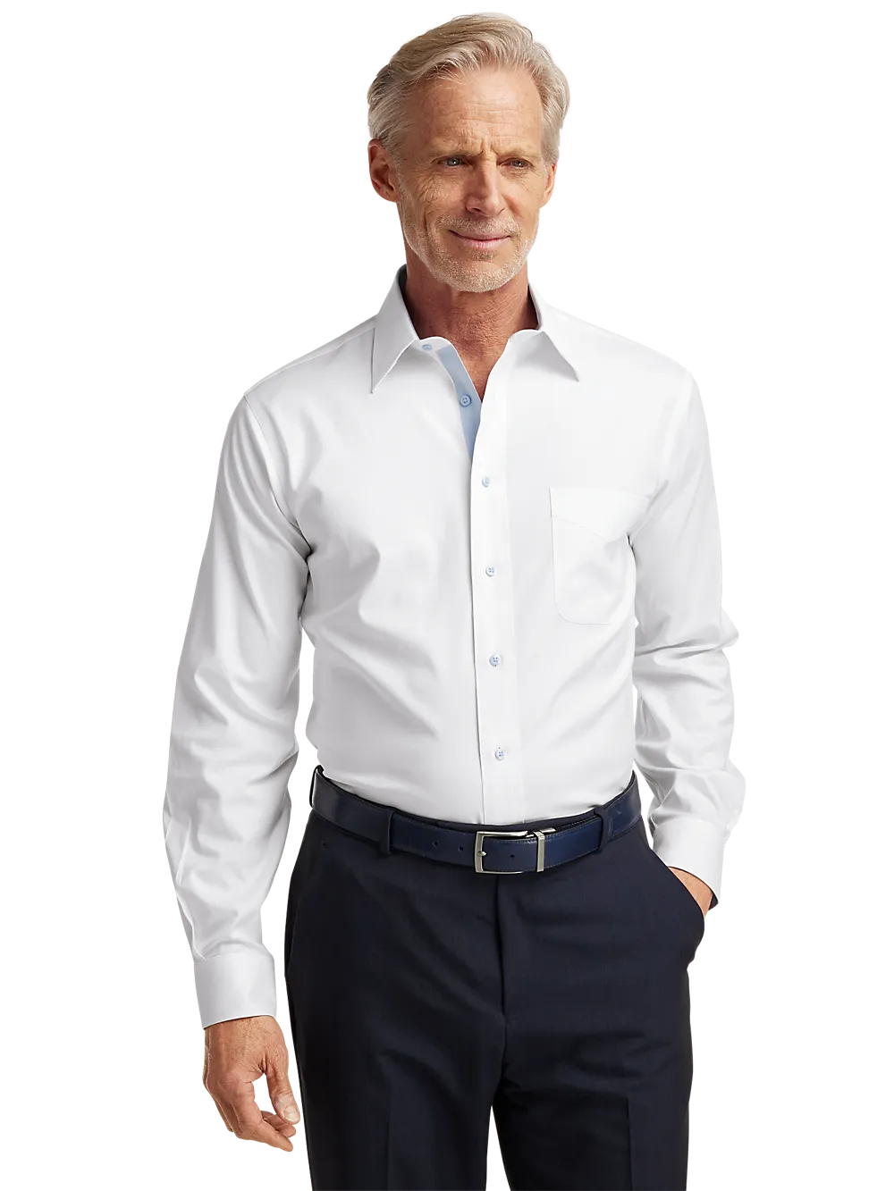 Comfort Stretch Non-Iron Solid Dress Shirt With Contrast Trim - White/blue