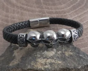 Skull Head Leather Braid Steel Bracelet