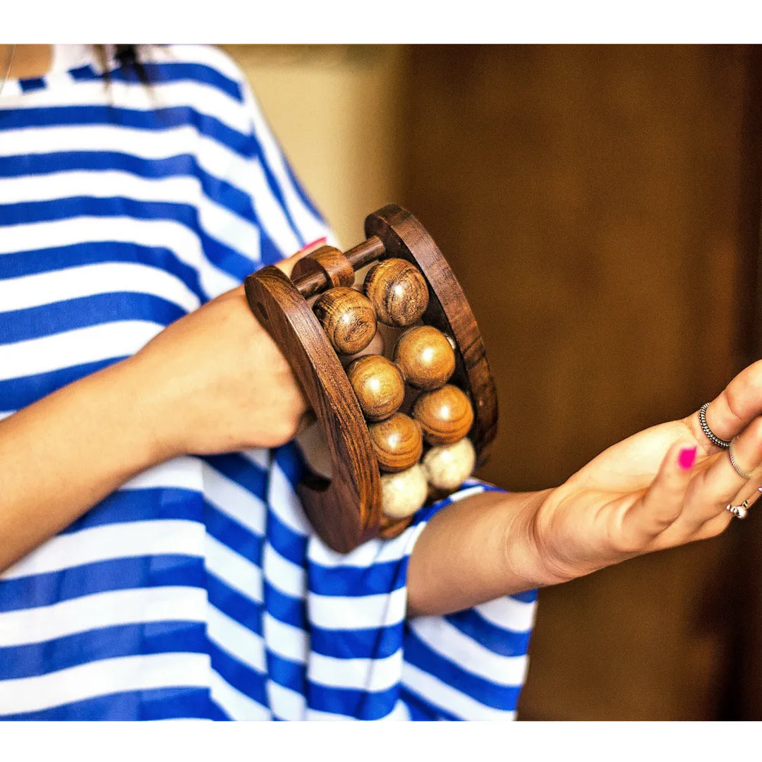 Wooden massage tool with 10 rolling balls